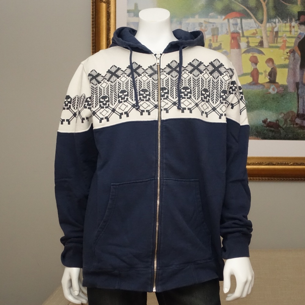 Men's Stussy Zip Up Hoodie Sweatshirt Navy Cream